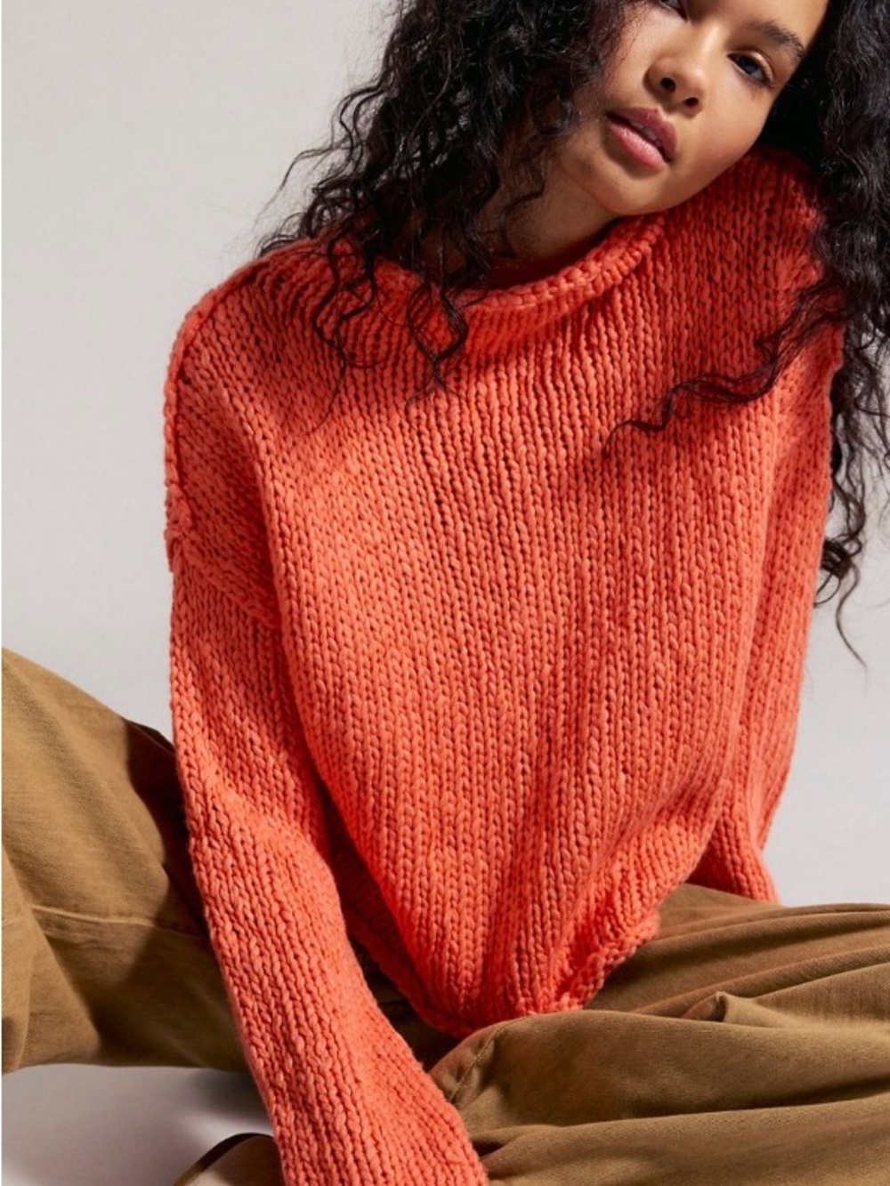 Free People Chunky Cowl Neck Sweater - Coral Orange